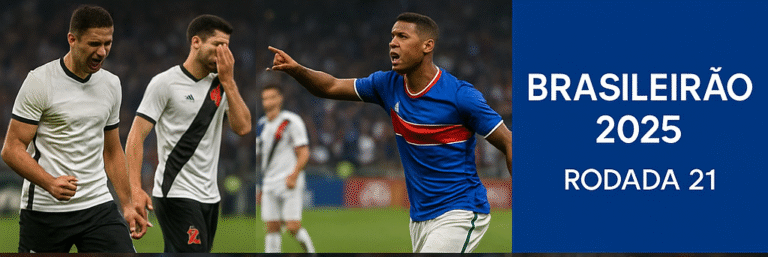 Mosaico de imagens realistas de jogadores de futebol representando os times do Brasileirão 2025 na rodada 21, celebrando gols, lamentando derrotas e disputando jogadas em campo, com uniformes nas cores tradicionais de seus clubes e sem marcas de patrocinadores.
