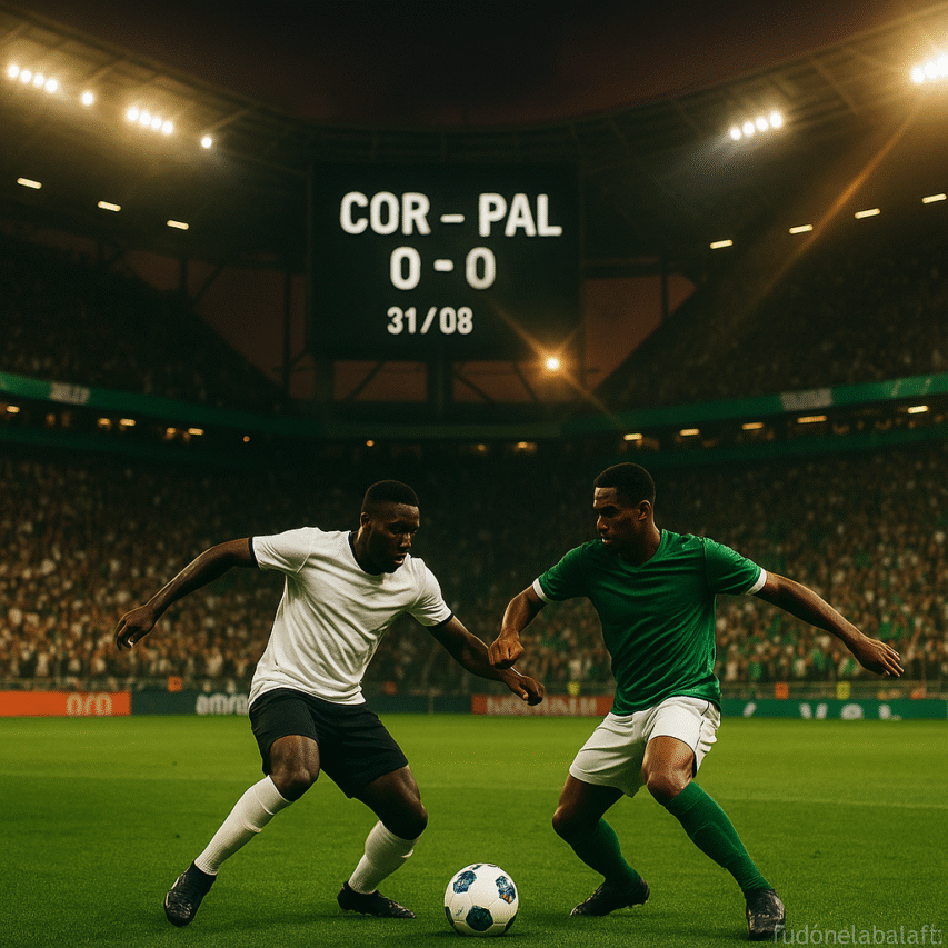 Noite de derby: dois atletas disputam a bola no gramado; um de branco e preto (COR) e outro de verde e branco (PAL); placar ao fundo mostra “COR–PAL 0–0 — 31/08”; estádio cheio; marca d’água “Tudopelabolafc”.