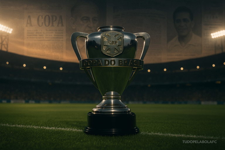 Taça da Copa do Brasil iluminada em campo com fundo de memórias históricas do futebol brasileiro.