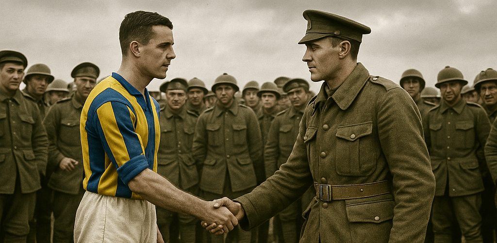 Soldados da Primeira Guerra Mundial observam de uma trincheira improvisada uma partida de futebol entre combatentes em campo aberto.