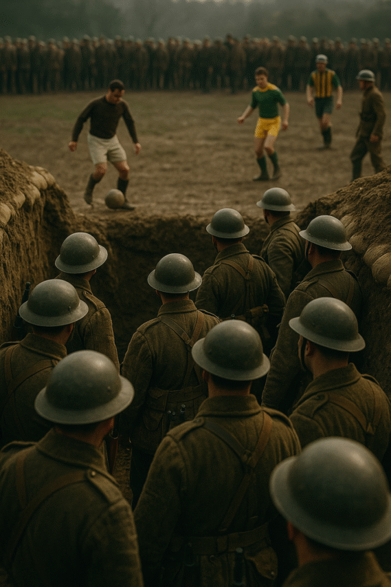 Soldados da Primeira Guerra Mundial observam de uma trincheira improvisada uma partida de futebol entre combatentes em campo aberto