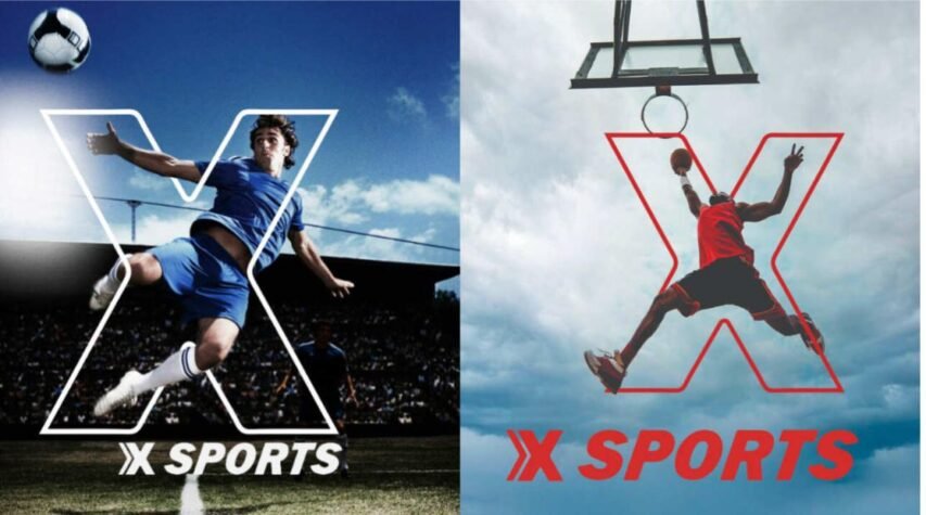 Montagem com dois atletas em ação: jogador de futebol chutando a bola e jogador de basquete enterrando, ambos com o logo X-Sports em destaque.