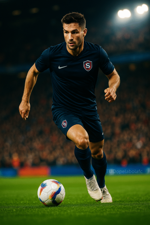 Jogador de futebol profissional driblando em alta velocidade em um campo iluminado por refletores, com uniforme moderno azul-marinho e escudo contemporâneo destacado no peito.