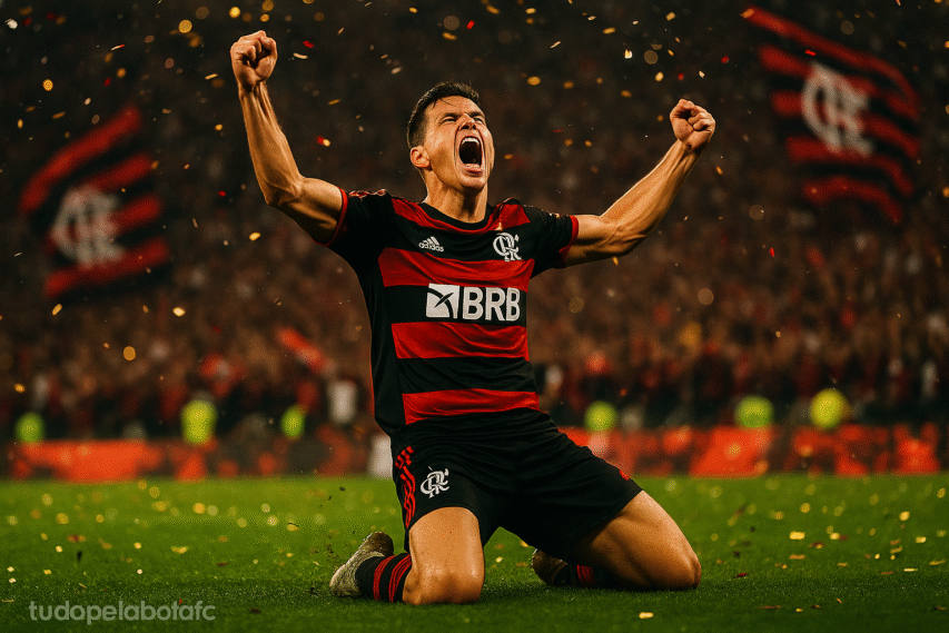 Jogador do Flamengo salta com os dois punhos fechados no alto e expressão de grito de vitória, cercado por confetes dourados e torcida em êxtase.