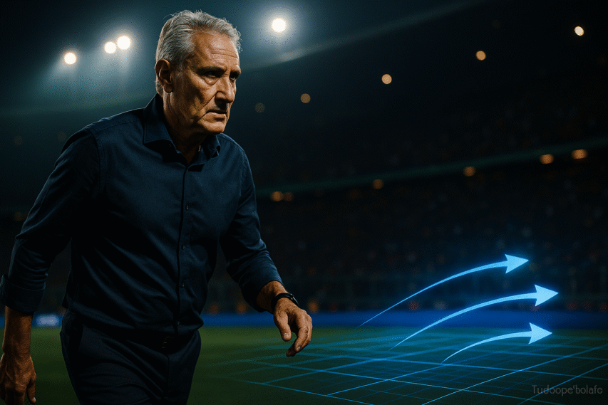 Treinador brasileiro mais velho, de cabelos grisalhos, andando em linha reta à margem do campo com olhar profundo; hologramas táticos azuis visíveis no gramado sob a luz de refletores.