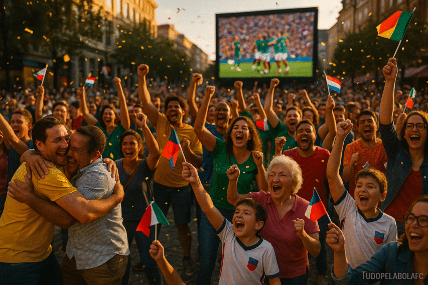Multidão diversa e multigeracional celebra um gol da Copa do Mundo em uma praça urbana ao pôr do sol; pessoas se abraçam, vibram e agitam pequenas bandeiras diante de um telão com o jogo; foco nas expressões emocionadas, fundo suavemente desfocado; marca d’água semitransparente “Tudopelabolafc” discreta no canto.