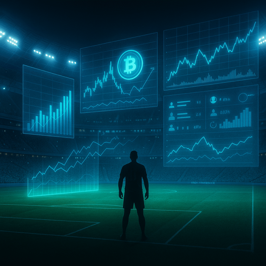 Estádio de futebol futurista à noite com projeções holográficas de gráficos financeiros, criptomoedas e métricas digitais acima do campo; jogador em silhueta observa os hologramas.