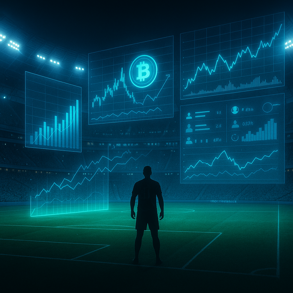 Estádio de futebol futurista à noite com projeções holográficas de gráficos financeiros, criptomoedas e métricas digitais acima do campo; jogador em silhueta observa os hologramas.