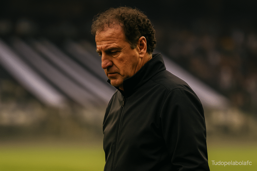 Técnico de futebol em três-quartos, expressão séria e jaqueta preta; ao fundo, arquibancada desfocada com listras pretas e brancas.