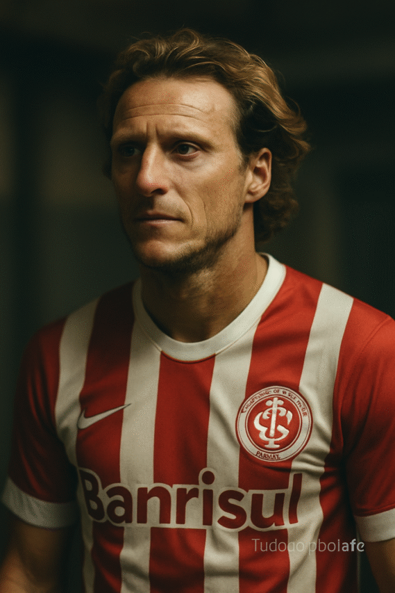 Retrato melancólico de Diego Forlán com a camisa do Internacional, em ambiente escuro e reflexivo.