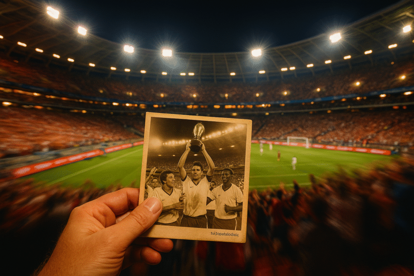 Fotografia mostra uma mão segurando foto antiga de uma celebração da Copa do Brasil em frente a um estádio moderno lotado.