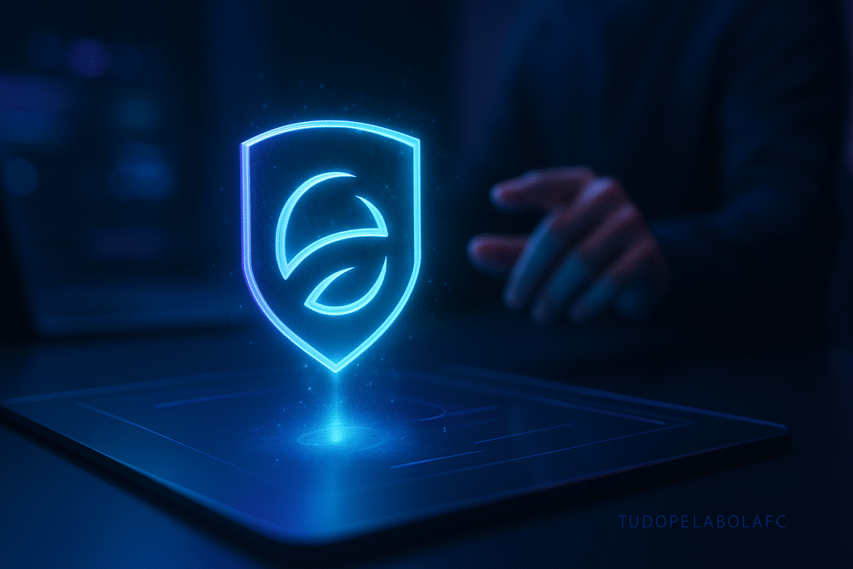 Escudo de futebol holográfico brilhante em azul neon, projetado acima de uma interface digital futurista, com a mão de um designer desfocada ao fundo.