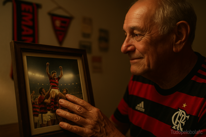 Torcedor idoso do Flamengo, de perfil, afaga a moldura de uma foto da comemoração do 8–0 sobre a mesa; parede ao fundo com bandeirolas desfocadas e luz quente.