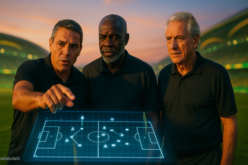 Três técnicos brasileiros observam atentamente uma projeção holográfica de tática no campo ao amanhecer, com expressões sérias e um estádio moderno ao fundo.