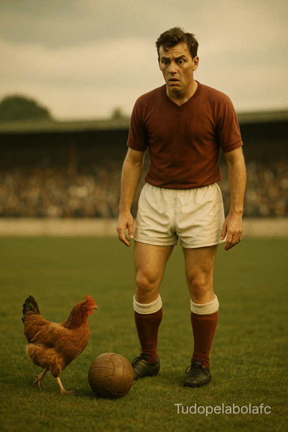 Fotografia vintage realista (anos 50–70) mostra um futebolista em uniforme clássico, parado confuso no gramado enquanto uma galinha passa junto a uma bola de couro marrom; paleta levemente desbotada, grão de filme sutil e luz cinematográfica; marca d’água discreta “Tudopelabolafc” no canto.