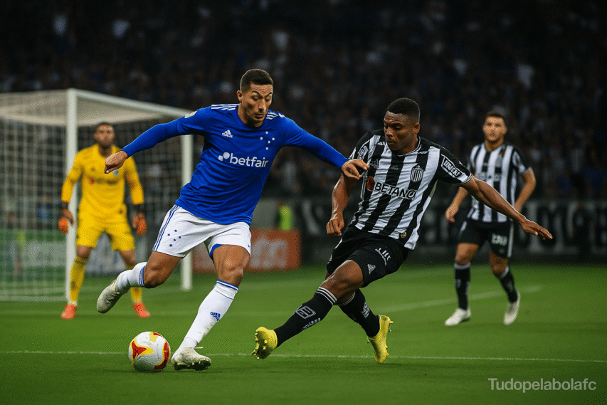 Atacante do Cruzeiro conduz e finaliza cruzado dentro da área; zagueiro atleticano tenta o bote; goleiro atento; torcida ao fundo; marca d’água “Tudopelabolafc”.