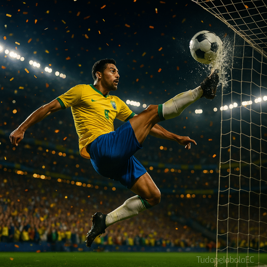 Jogador brasileiro de futebol em uniforme amarelo e azul executa uma bicicleta espetacular durante partida noturna de estádio lotado, com a bola estourando na rede e confetes caindo sob iluminação dramática.