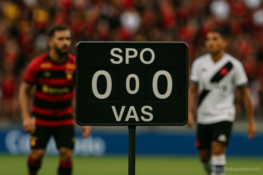 Placa de placar portátil em primeiro plano indica “SPO 0–0 VAS”; ao fundo, jogador do Sport (listras rubro-negras) e do Vasco (faixa diagonal) desfocados; torcida pulsando; marca “Tudopelabolafc” discreta.