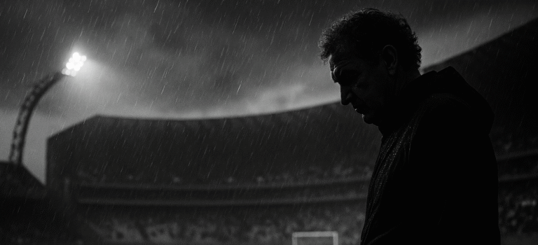 Silhueta de um técnico cabisbaixo sob chuva forte, à beira de um estádio iluminado e vazio; gramado ao fundo e clima dramático de decisão.