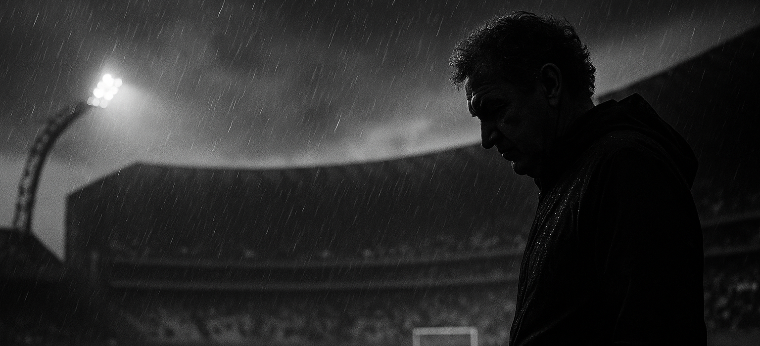 Silhueta de um técnico cabisbaixo sob chuva forte, à beira de um estádio iluminado e vazio; gramado ao fundo e clima dramático de decisão.