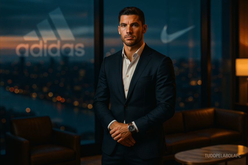 Jogador de futebol em traje social de luxo, posando confiante em um lounge executivo moderno com vista para o horizonte da cidade ao entardecer.