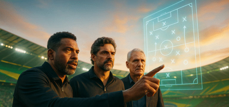 Treinador brasileiro mais velho, de cabelos grisalhos, andando em linha reta à margem do campo com olhar profundo; hologramas táticos azuis visíveis no gramado sob a luz de refletores.