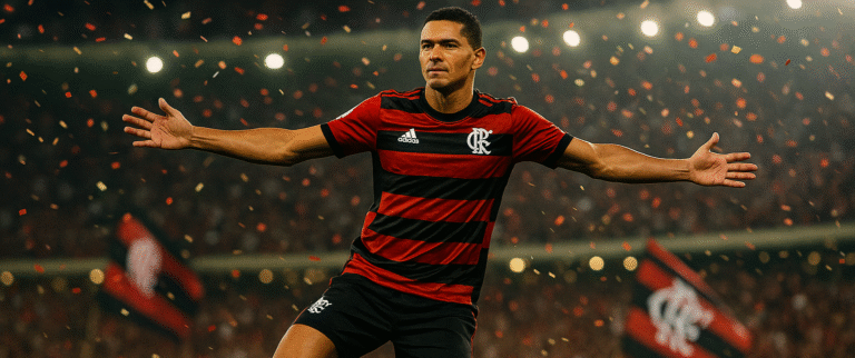 Jogador do Flamengo, boca fechada e braços abertos, salta em comemoração; confetes caem enquanto bandeiras rubro-negras e torcida desfocada ocupam um estádio iluminado.