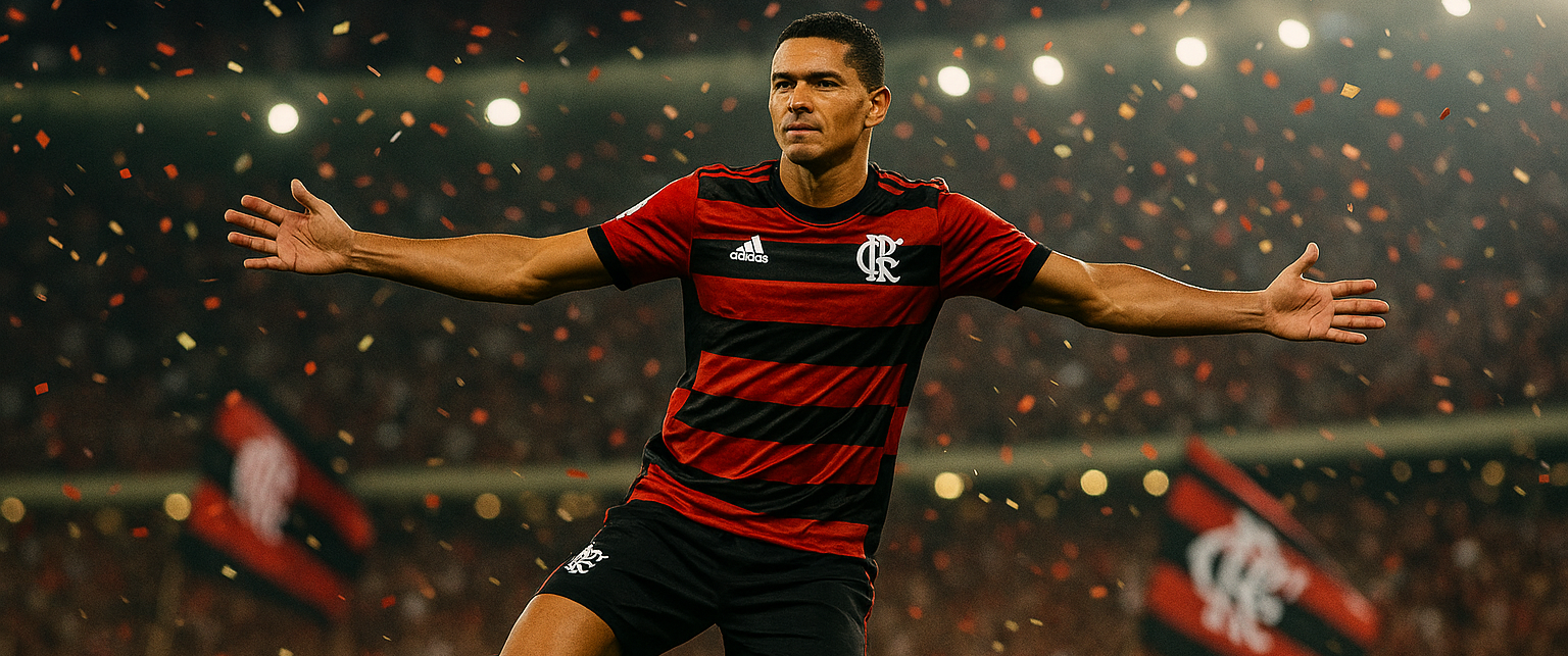 Jogador do Flamengo, boca fechada e braços abertos, salta em comemoração; confetes caem enquanto bandeiras rubro-negras e torcida desfocada ocupam um estádio iluminado.