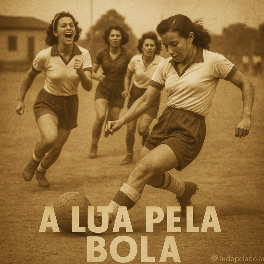 Fotografia vintage em tom sépia de mulheres brasileiras jogando futebol em campo de terra na década de 1940/50, transmitindo força, alegria e resistência.