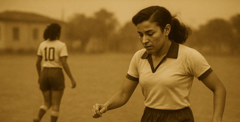 Fotografia em tom sépia mostra jogadora brasileira em ação controlando a bola em campo de terra, enquanto outra atleta com a camisa 10 caminha ao fundo.
