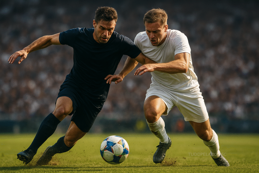 Dois jogadores de futebol disputam intensamente a posse de bola no meio-campo, com expressões de esforço e determinação, enquanto o gramado levanta partículas de terra.