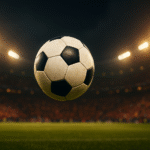 Bola de futebol em pleno ar, em foco nítido, com o fundo desfocado de um estádio brasileiro lotado e iluminado à noite, transmitindo a emoção e intensidade de um grande jogo.