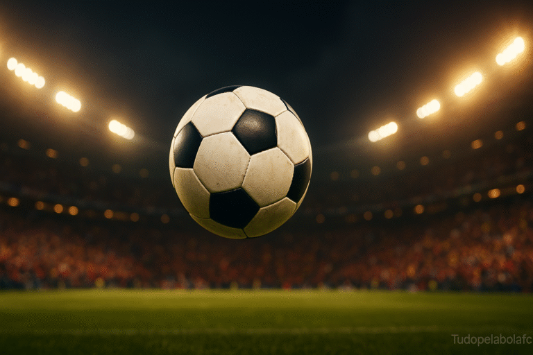 Bola de futebol em pleno ar, em foco nítido, com o fundo desfocado de um estádio brasileiro lotado e iluminado à noite, transmitindo a emoção e intensidade de um grande jogo.