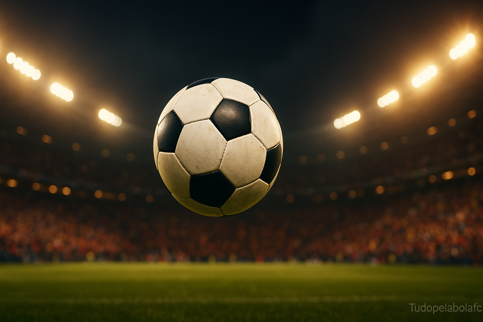 Bola de futebol em pleno ar, em foco nítido, com o fundo desfocado de um estádio brasileiro lotado e iluminado à noite, transmitindo a emoção e intensidade de um grande jogo.