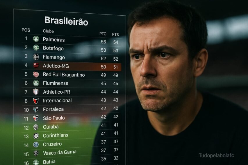 Homem com expressão focada e ansiosa observa uma tabela digital transparente do Brasileirão, sobreposta diante de um estádio de futebol desfocado ao fundo