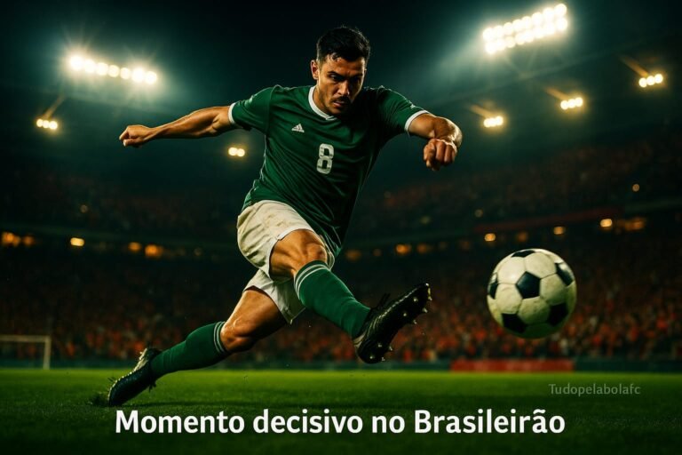 Jogador em ação durante partida do Brasileirão, fotografado em ângulo baixo, prestes a chutar a bola rumo ao gol, sob iluminação dramática de estádio lotado.