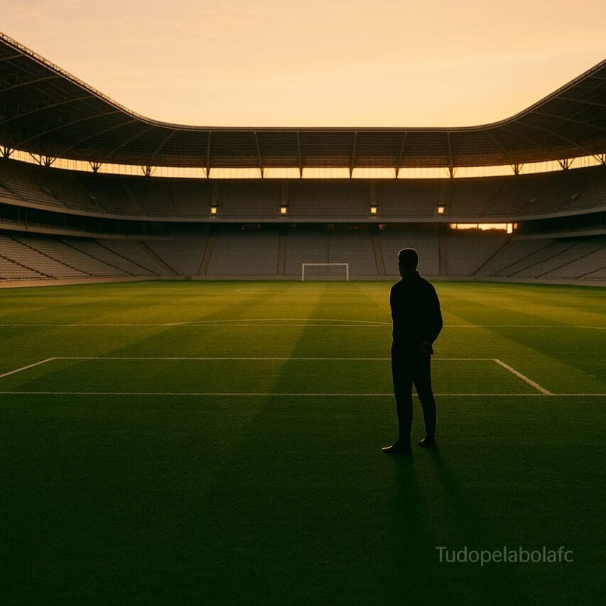 Uma fotografia realista em grande angular de um campo de futebol vazio e bem cuidado dentro de um estádio, durante a hora dourada. Um único personagem em silhueta está à beira do campo, olhando em direção ao gol distante, transmitindo reflexão e esperança.