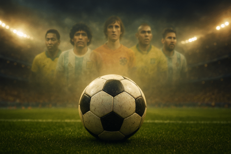 Um estádio vibrante iluminado por luzes dramáticas, com um campo de futebol em primeiro plano e uma bola moderna levemente desgastada. Ao fundo, figuras fantasmagóricas e sobrepostas de lendas do futebol, como Pelé, Maradona, Cruyff, Ronaldo e Messi, surgem de forma etérea, representando suas heranças imortais.