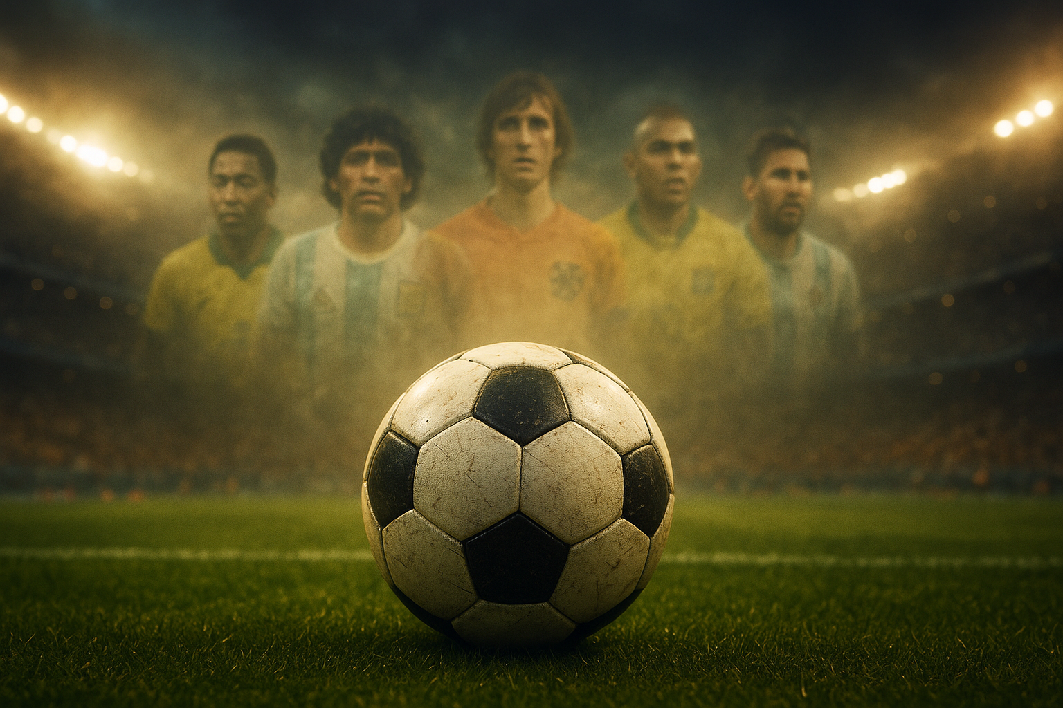 Um estádio vibrante iluminado por luzes dramáticas, com um campo de futebol em primeiro plano e uma bola moderna levemente desgastada. Ao fundo, figuras fantasmagóricas e sobrepostas de lendas do futebol, como Pelé, Maradona, Cruyff, Ronaldo e Messi, surgem de forma etérea, representando suas heranças imortais.