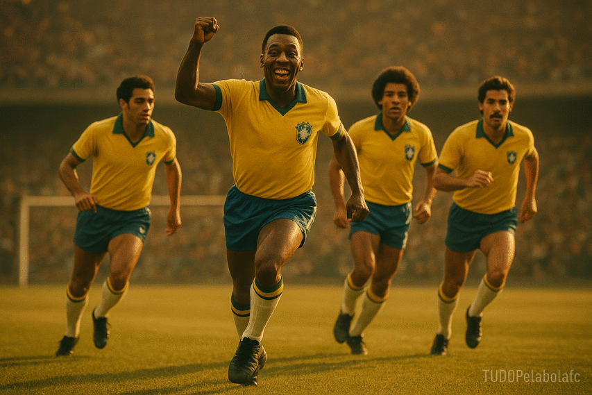 Pelé, em seu auge, comemora correndo de braços erguidos, com expressão de alegria e triunfo, cercado por Garrincha, Jairzinho e Rivelino em campo, todos com a clássica camisa amarela da Seleção Brasileira, sob a luz dourada de fim de tarde.