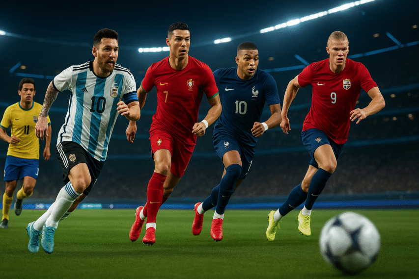 Messi, Cristiano Ronaldo, Mbappé e Haaland correm em alta velocidade lado a lado em um estádio moderno iluminado por luzes de neon, disputando uma bola em movimento no gramado, simbolizando a força das lendas recentes e o futuro do futebol.