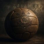 Um close-up hiper-realista de uma bola de futebol vintage do Corinthians, levemente desgastada, com o escudo moderno do clube em destaque. Ao fundo, em desfoque suave, aparecem de forma translúcida antigos emblemas e fotos em preto e branco da história do time, iluminados por uma luz cinematográfica dramática que realça sombras e texturas.