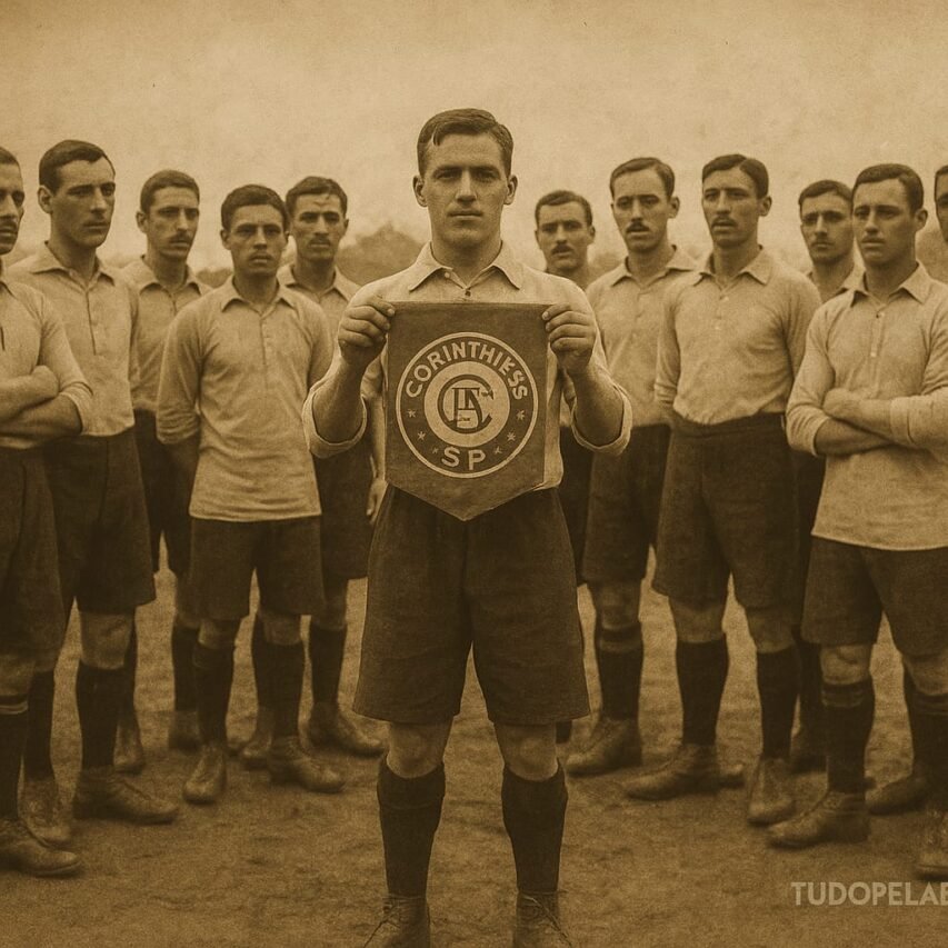 Um grupo de jogadores de futebol do início do século XX, reunidos em 1914, em clima solene, enquanto um deles ergue pela primeira vez um pequeno estandarte com o escudo recém-adotado do Sport Club Corinthians Paulista. A cena, em sépia e levemente granulada, ocorre em uma rua de terra ou campo rústico, transmitindo a atmosfera histórica da época.