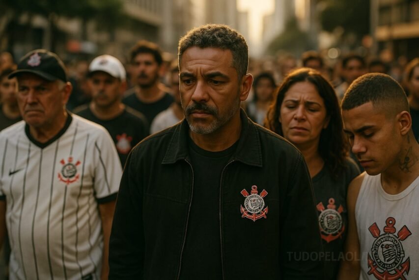 Grupo diverso de torcedores do Corinthians em São Paulo, reunidos em um momento de celebração de rua, com expressões emocionadas e detalhes do escudo do clube integrados em roupas, tatuagens e acessórios, sob a luz quente do fim da tarde.