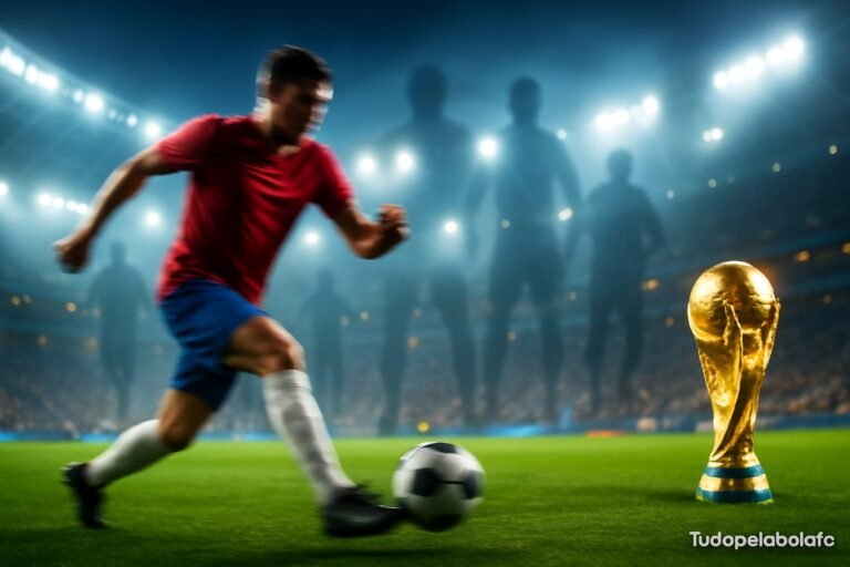 Um estádio moderno iluminado à noite, com um jogador de futebol em movimento em primeiro plano, desfocado para transmitir ação. Silhuetas etéreas de outros jogadores surgem das luzes ao fundo, enquanto a taça da Copa do Mundo aparece suavemente brilhante no cenário.