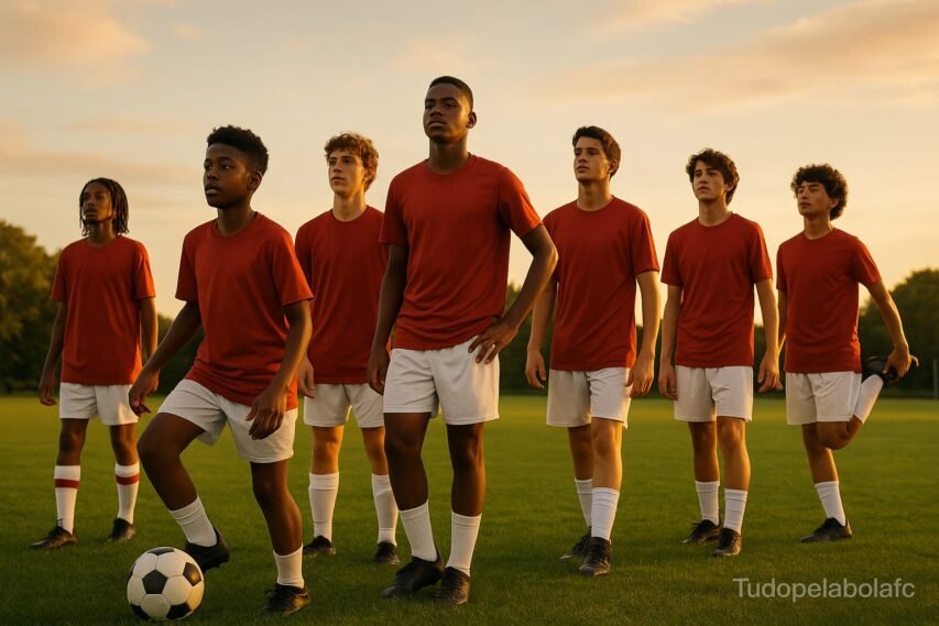 Um grupo diverso de jovens jogadores de futebol, de 14 a 18 anos, em um campo verde bem cuidado ao entardecer, olhando esperançosos para o horizonte, transmitindo determinação e sonhos de sucesso.
