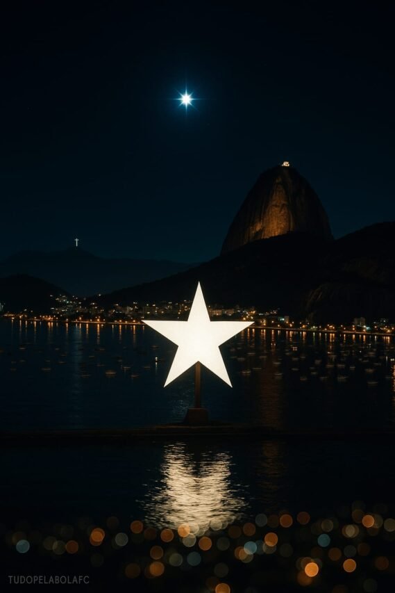 Fotografia noturna realista da Baía de Botafogo, no Rio de Janeiro, com o Pão de Açúcar iluminado ao fundo, o Cristo Redentor visível ao longe no horizonte e uma estrela branca radiante em destaque no primeiro plano, refletida sobre as águas com as luzes da cidade