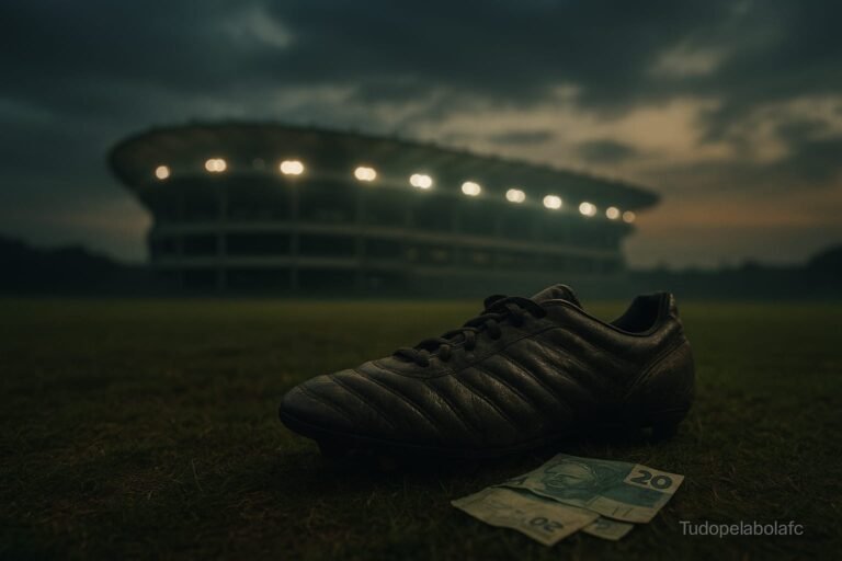 Um chuteira de futebol gasta está jogada no gramado irregular de um campo vazio ao entardecer. Ao fundo, desfocado, ergue-se um grande estádio brasileiro iluminado por luzes fracas e melancólicas. Algumas notas de Real amassadas estão espalhadas próximas à chuteira, reforçando a sensação de perda e fracasso