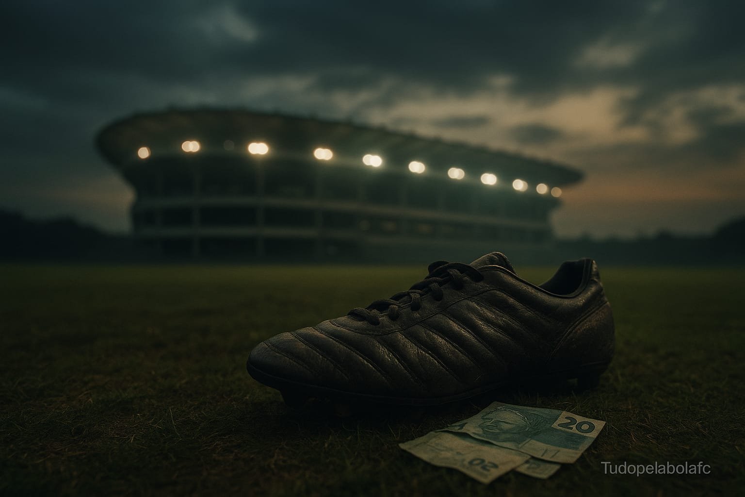 Um chuteira de futebol gasta está jogada no gramado irregular de um campo vazio ao entardecer. Ao fundo, desfocado, ergue-se um grande estádio brasileiro iluminado por luzes fracas e melancólicas. Algumas notas de Real amassadas estão espalhadas próximas à chuteira, reforçando a sensação de perda e fracasso
