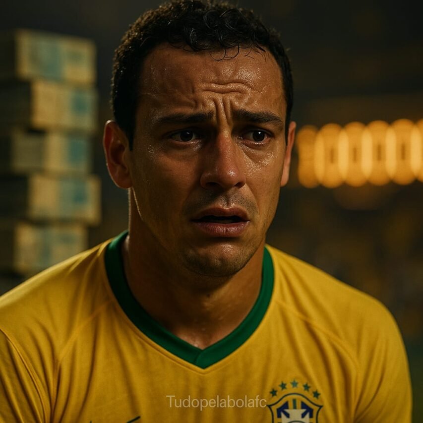 Retrato hiper-realista em close de um jogador de futebol brasileiro, suado e visivelmente sobrecarregado, com expressão de pressão intensa. Ao fundo, desfocado em bokeh, aparecem pilhas de cédulas de reais ou um painel digital luminoso sugerindo cifras exorbitantes, simbolizando o ‘alto preço’.